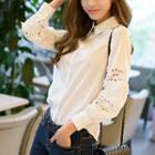 Single-breasted Long-sleeved Open-front Plain Panel Lace Blouse