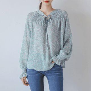 Smock-detail Floral Chiffon Top