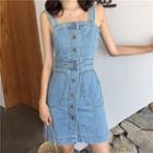 Wide-strap Buttoned A-line Denim Dress