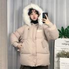 Furry-trim Hooded Padded Jacket Beige Almond - One Size