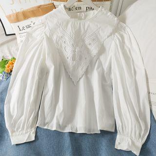Detachable-collar Puff-sleeve Loose Blouse White - One Size