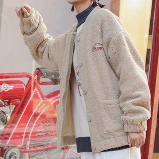 Bear Embroidered Fleece Button Jacket