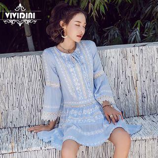 Bell-sleeve Embroidered Mini Sundress