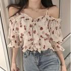 Elbow-sleeve Cold Shoulder Dotted Blouse Light Almond - One Size