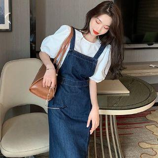 Puff-sleeve Blouse / Denim Slit Midi A-line Overall Dress