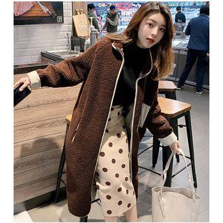 Fleece Zip Long Coat Dark Coffee - One Size