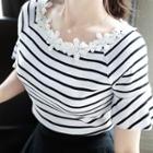 Appliqu  Frilled Elbow-sleeve Striped Top