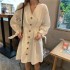Lantern-sleeve Buttoned A-line Dress White - One Size