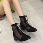 Dotted Mesh Panel Block Heel Short Boots