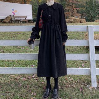 Balloon-sleeve Corduroy Midi A-line Dress