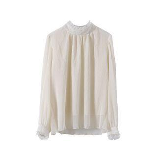 Ruffle Trim Faux Pearl Blouse Almond - One Size