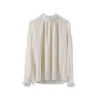 Ruffle Trim Faux Pearl Blouse Almond - One Size