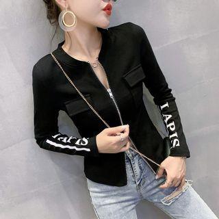 Letter Embroidered Long-sleeve Zip-up T-shirt