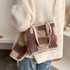 Set: Plaid Fleece Tote Bag With Shoulder Strap + Pouch