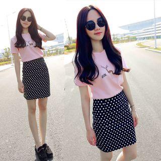 Set: Deer Embroidered Short-sleeve T-shirt + Dotted A-line Skirt