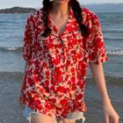 Short-sleeve Floral Blouse Floral - Red - One Size