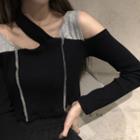 Mock Two-piece Long-sleeve Cold Shoulder Crop Top / Wide-leg Pants