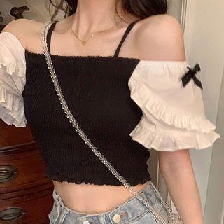 Cold-shoulder Smocked Cropped Blouse Black - One Size