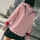 Long-sleeve Striped Embroidered T-shirt Red - One Size