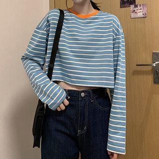 Long-sleeve Contrast Trim Striped Cropped T-shirt