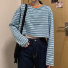 Long-sleeve Contrast Trim Striped Cropped T-shirt