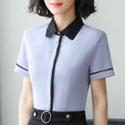 Contrast Trim Short-sleeve Work Blouse / Fitted Skirt