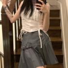 Ruffle Drawstring Blouse / Mini Pleated Skirt