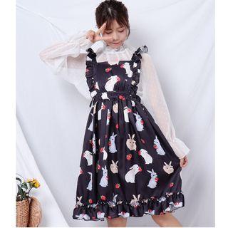 Long-sleeve Dotted Sheer Top / Rabbit Print Pinafore Dress