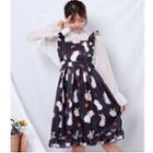 Long-sleeve Dotted Sheer Top / Rabbit Print Pinafore Dress