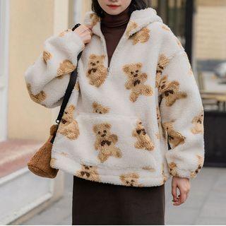 Cartoon Bear Half-zip Fleece Hooded Top