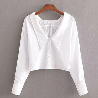 Plain Cutout Long-sleeve Cropped Blouse