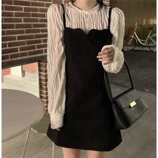 Puff-sleeve Blouse / Spaghetti Strap Velvet Dress