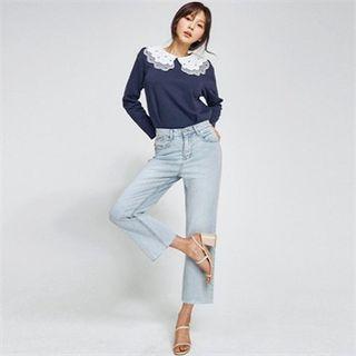 Lace-collar Color-block Pullover