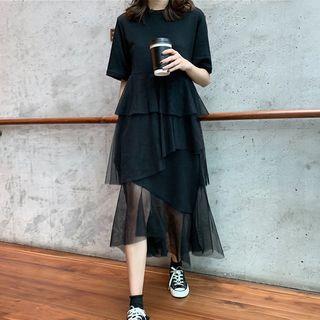 Short-sleeve Mesh Panel Midi A-line Tiered Dress