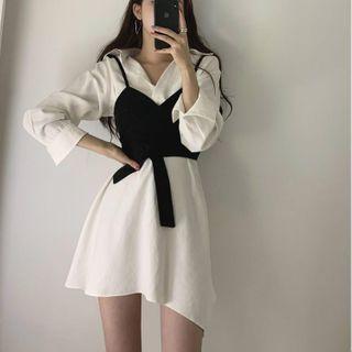 Set: Long-sleeve Mini A-line Shirtdress + Cropped Camisole Top