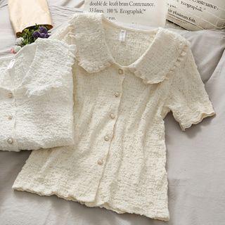 Embossed Ruffled-trim Slim-fit Blouse