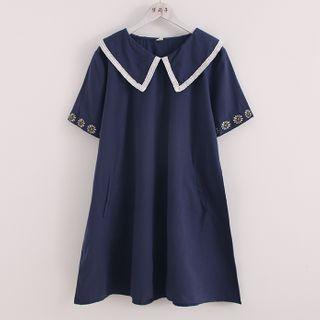 Short-sleeve Floral Embroidered Sailor Collar A-line Dress