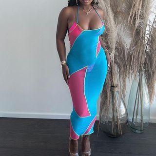 Spaghetti-strap Halter Neck Two-tone Maxi Sheath Dress