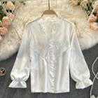 Ruffle Collar Trim Lace Puff-sleeve Top White - One Size