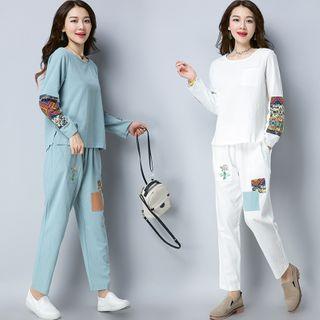 Set: Printed Long-sleeve T-shirt + Cropped Straight Leg Pants