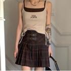 Lettering Camisole Top / Buckled Plaid Pleated Mini A-line Skirt