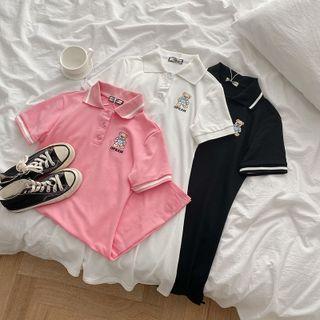 Short-sleeve Polo-neck Bear Print T-shirt Dress