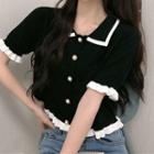 Short-sleeve Collared Frill Trim Button-up Knit Top