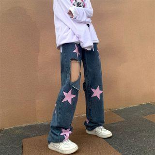 Star Print Distressed Straight Leg Jeans