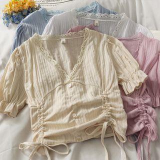 Lace-trim Drawstring Crop T-shirt