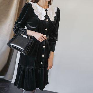 Lace-collar Belted Velvet Shirtdress Black - One Size