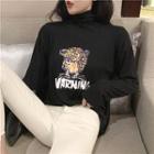 Leopard Print Turtle-neck Long-sleeve Top