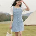Short-sleeve Button-up Mini Dress Blue - One Size