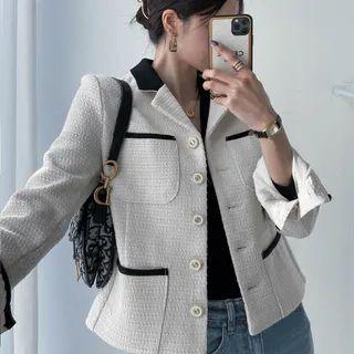 Notch-collar Contrast-trim Tweed Jacket