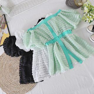 Off-shoulder Color Block Chiffon Short-sleeve Top
